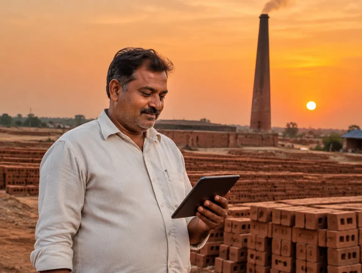A kiln owner checking his records on a tablet at sunset