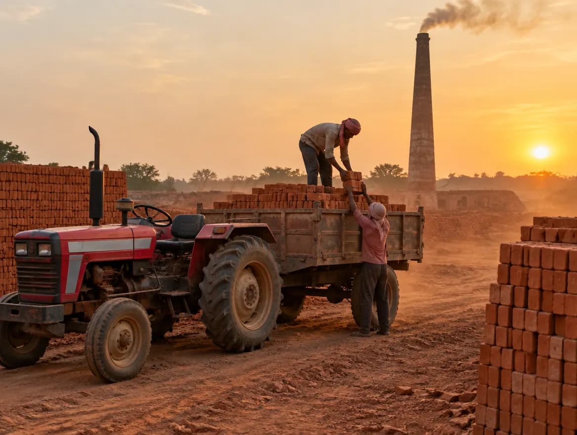 A tractor trolley being loaded with bricks for a customer