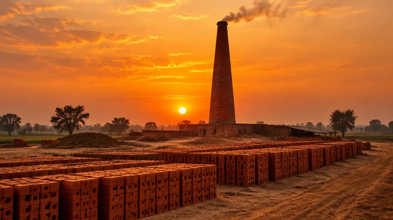 A kiln chimney at sunset over rows of fired bricks
